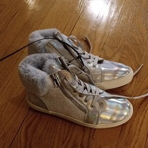 Silver Holographic Fur-Lined High Top Sneakers